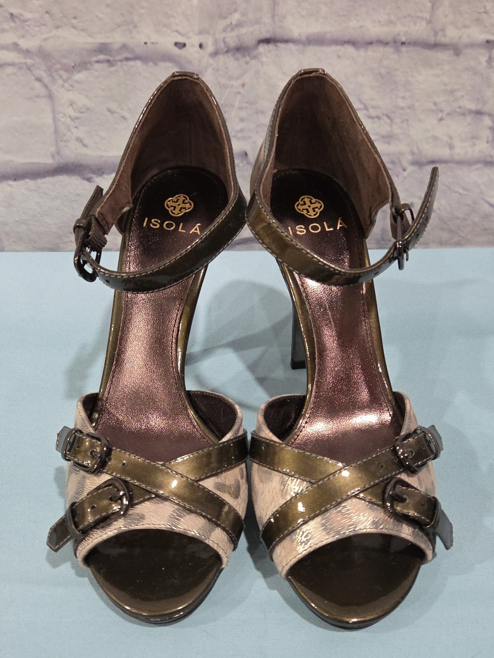 Isola Olive Metallic Cross-Strap Ankle-Heel Sandals